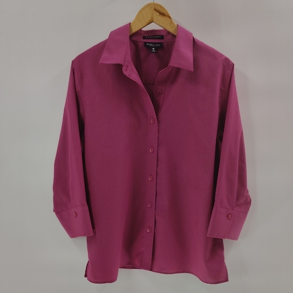 Foxcroft Button Up Blouse Size 14 Magenta Pink 3/4 Sleeve